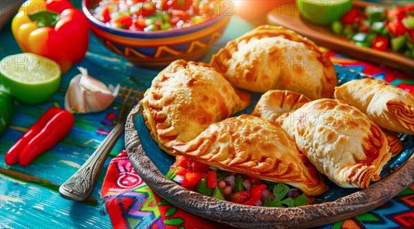Tasty empanadas on a plate with colorful Mexican cloths as a background. National mexican food, AI