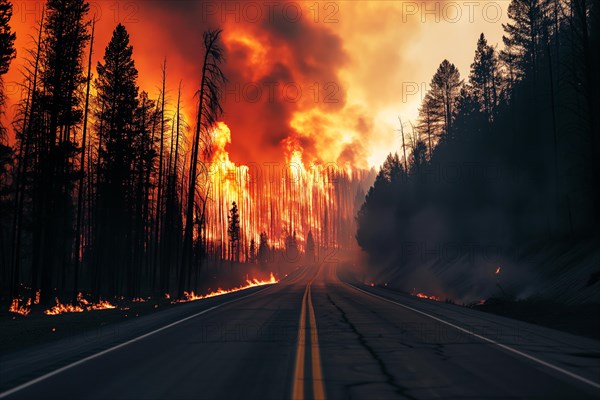 A forest wildfire is raging through a wooded area with road. Trees are on fire and flames are