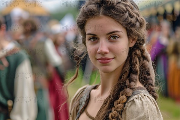 Young woman in medieval style fantasy role playing game costume garment at renaissance fair. KI