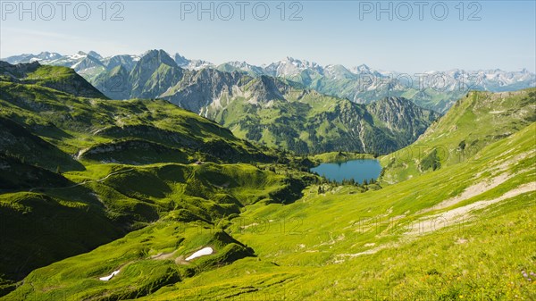 Panorama from Zeigersattel to Seealpsee, on the left behind the Hoefats 2259m, Allgaeu Alps,