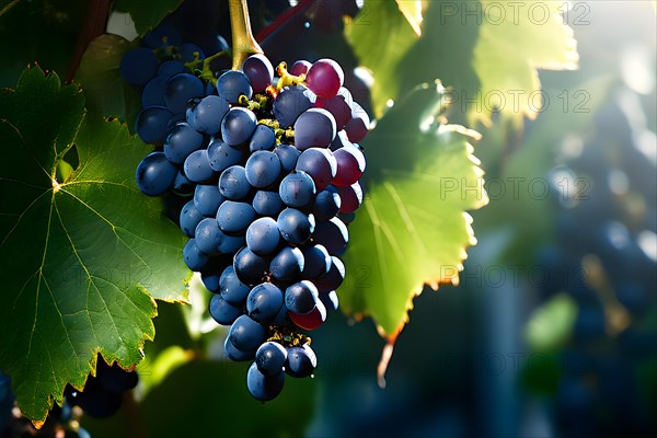 AI generated ripe grapes clinging to a vine sunlight dancing through the leaves accentuating their