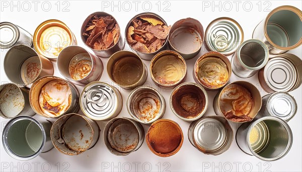 Symbol photo, many empty tin cans, partly crushed, rusty, dirty, on a white background, AI