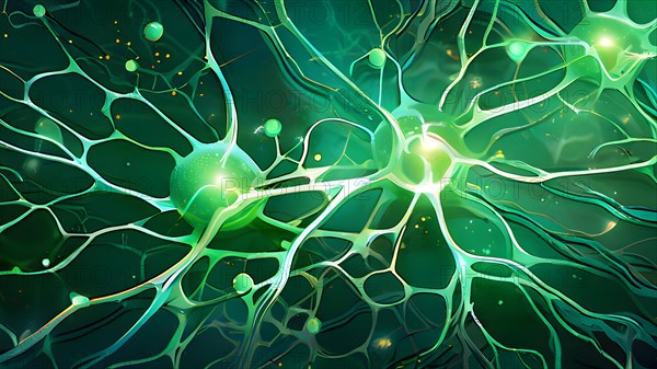 Ai generated conceptual illustration of a neuronal network with interconnected nodes pulsating in