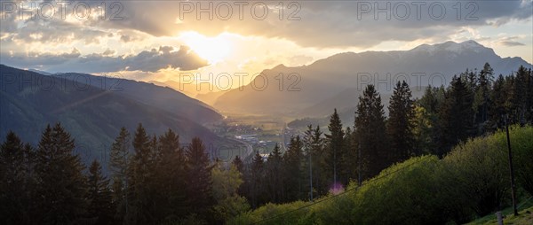 Sunset over the Liesingtal, in the evening light the village Kraubath, Schoberpass federal road,