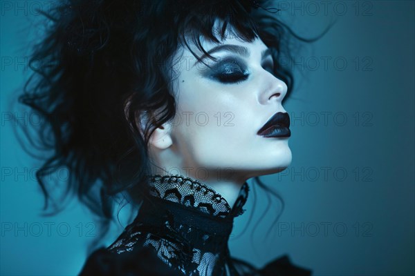 Young woman in gothic style in front of blue studio background. KI generiert, generiert, AI