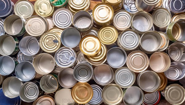 Symbol photo, waste, a large quantity of empty open tinplate cans on a heap, AI generated, AI