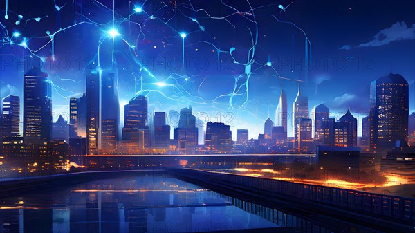 Ai generated conceptual illustration of a neuronal network with city skyline in the background in