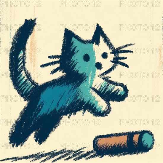 A playful abstract sketch of a blue cat captured in mid-jump against a light blue backdrop, AI