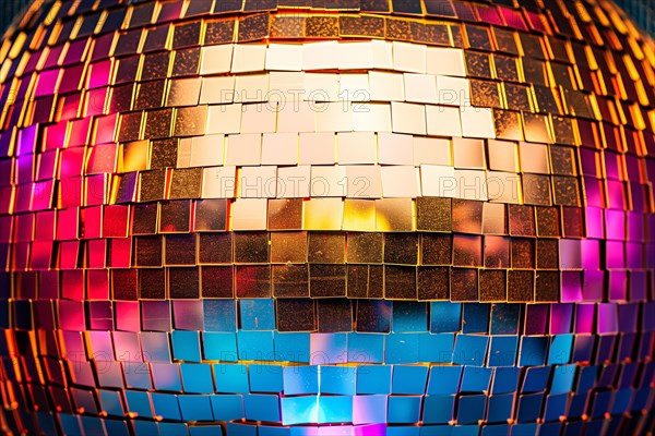 A disco ball is suspended from the ceiling at party in nightclub, reflecting the lights and