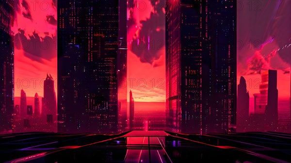 AI generated illustration of a cityscape with skyscrapers and holographic elements in red color