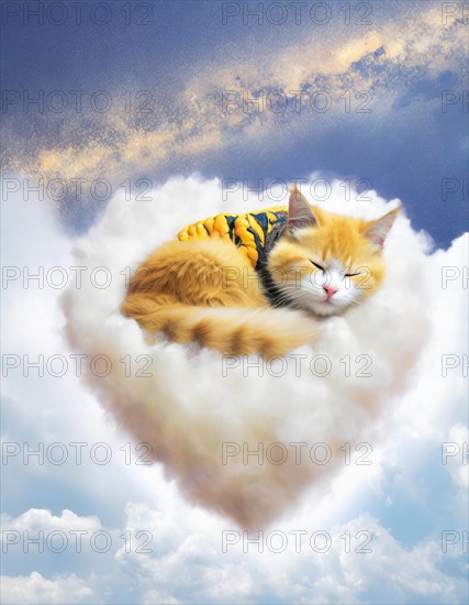 Adorable ginger cat sleeps peacefully on a fluffy cloud, set against a beautiful blue sky, AI