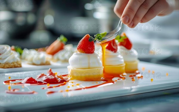 Chef is decorating a dessert with berries and other delicious additions of sweets and whipped