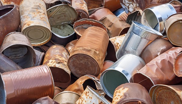 Symbol photo, waste, a large quantity of empty open rusted tinplate cans on a heap, AI generated,