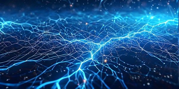 Ai generated conceptual illustration of a neuronal network with interconnected nodes pulsating in