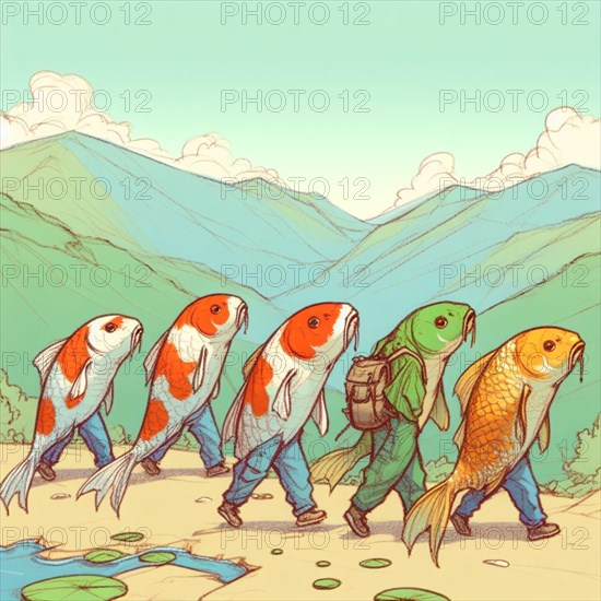 Whimsical illustration of four koi fish walking upright and equipped for a hike, set against a