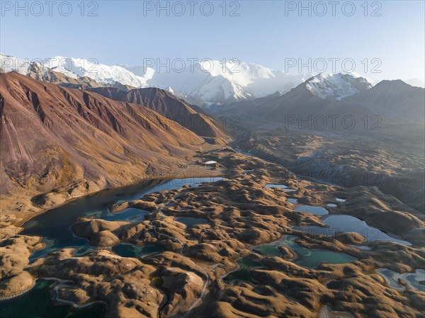 Aerial view, high mountain landscape with glacial moraines and mountain lakes, behind Pik Lenin,