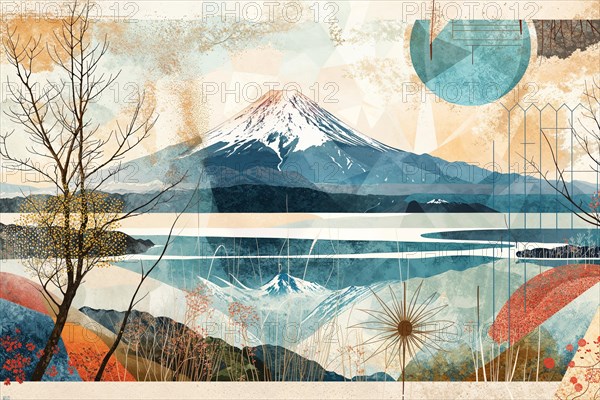 A peaceful scenery with the majestic Mount Fuji in the distance, surrounded by geometric designs