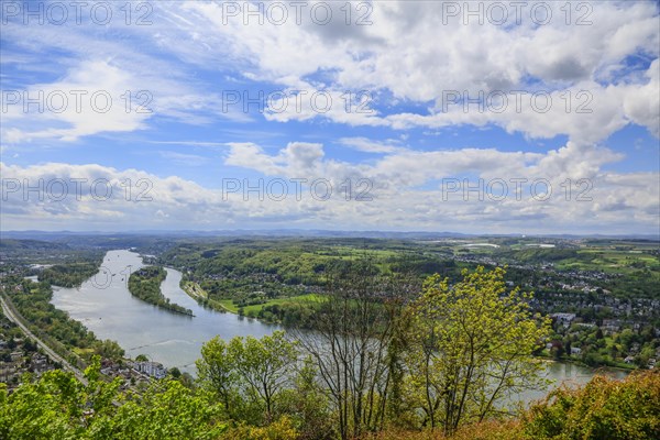 View from the Drachenfels, mountain in the Siebengebirge to the Rhine with Nennenwerth Island