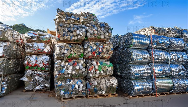 Symbol photo, many empty tin cans, pressed and bundled into bales in a recycling plant, AI