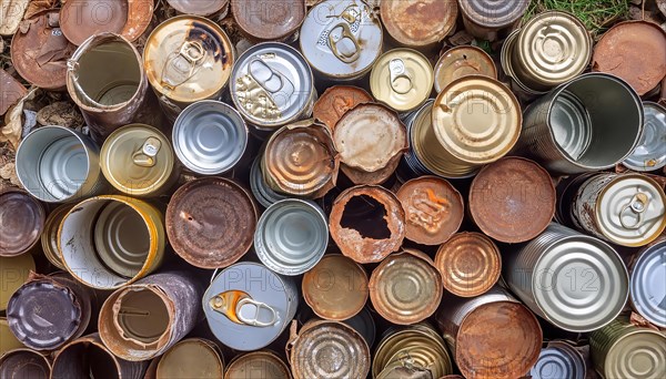 Symbol photo, many empty tin cans, partly crushed, rusty, dirty, lying in the landscape, AI