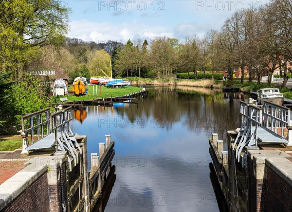 Kessel lock, view towards Emder Stadtgraben, Emden, East Frisia, Lower Saxony, Germany, Europe