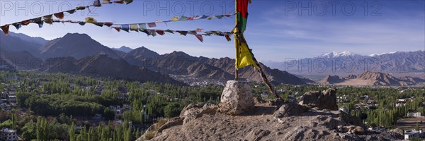Panorama over Leh and the Namgyal Tsemo Gompa monastery on Tsenmo Hill, a viewpoint over Leh,