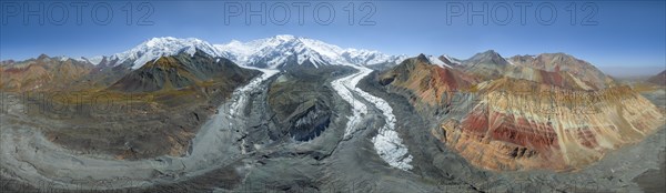 Aerial view, panorama, high mountain landscape with glacier moraines and glacier tongues, glaciated