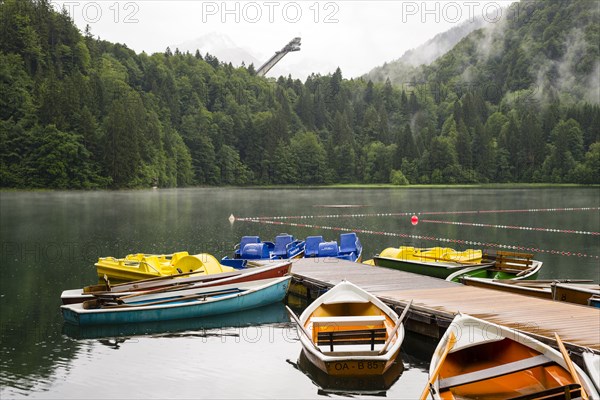 Freibergsee, behind it the Heini-Klopfer ski jump, near Oberstdorf, Allgaeu, Bavaria, Germany,