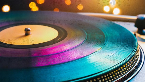 Vinyl play a song on a classic turntable against a vibrant background with bokeh effect ai