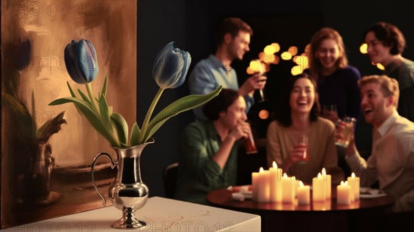 A group of people are sitting around a table with candles and wine glasses. One of the people is