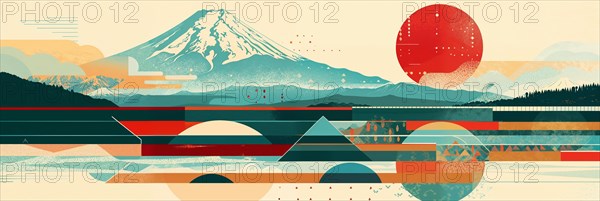 A serene scenery with the impressive Mount Fuji in the distance, surrounded by geometric patterns