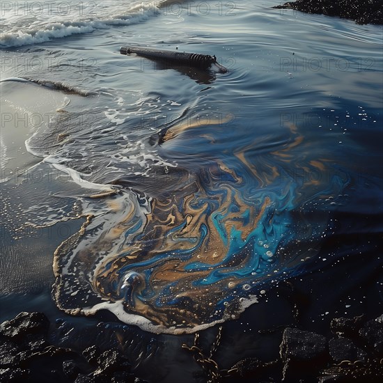 Oily substances contaminate the beach area, waves bring movement into the picture, environmental