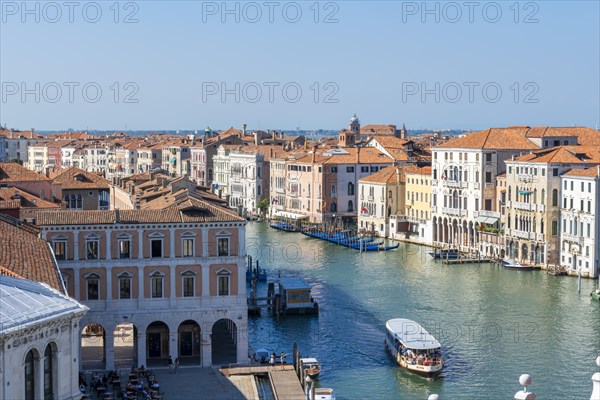 View from the roof of the Fondaco dei Tedeschi, boats on the Grand Canal, Venice, Veneto, Italy,