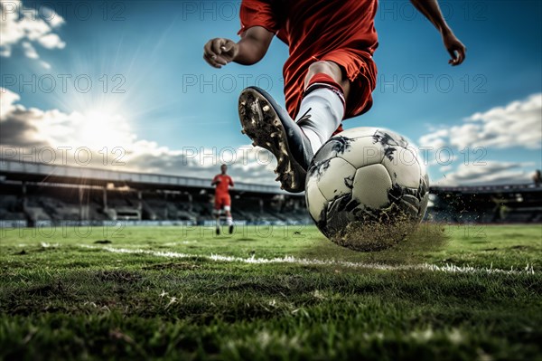 A soccer player kicks a ball on a football stadium field during game, AI generated