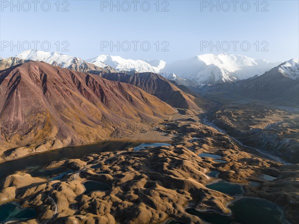 Aerial view, high mountain landscape with glacial moraines and mountain lakes, behind Pik Lenin,