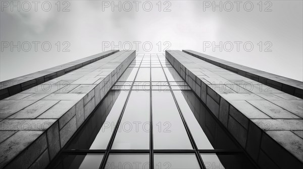 Symmetrical greyscale image viewed from below a modern building, showcasing its geometric design,