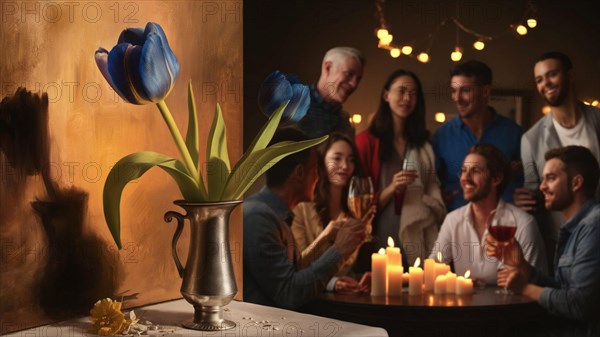 Elegant silver vase with tulips on a table at a social event with candles, friends in the