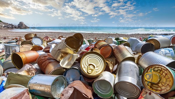 Symbol photo, many empty tin cans, partly crushed, rusty, dirty, lying on the beach, AI generated,