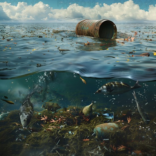 Underwater view of an environmental disaster with dead Fish and sunken barrels, pollution,