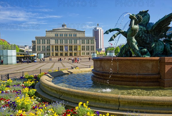 Mendebrunnen, Leipzig Opera House and Winter Garden Tower, Augustusplatz, Leipzig, Saxony, Germany,