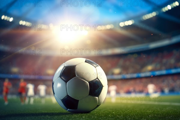 A soccer ball on a green field in soccer football stadium in evening on sunset with floodlights