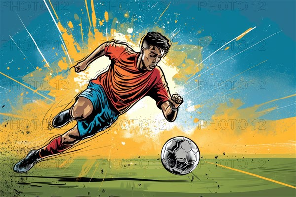 A soccer player dribbles and kicks a soccer ball. Abstract vintage grungy poster style with muted