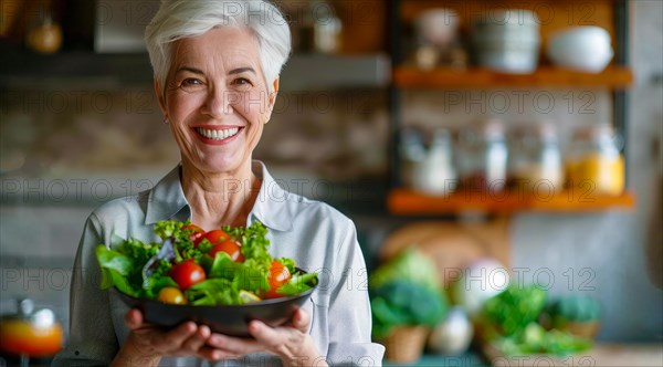 A senior aged woman is holding a healthy salad bowl in a kitchen. She is smiling and she is happy,