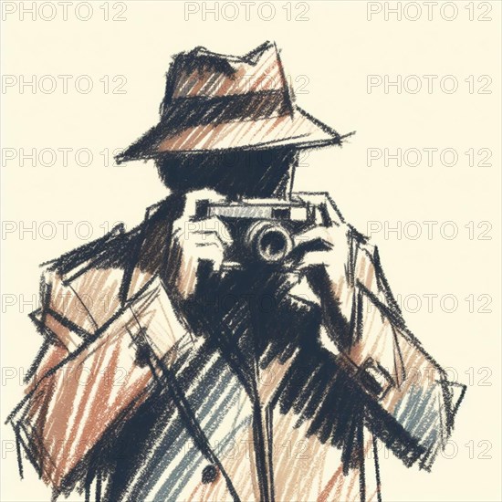 A detective in a trench coat and hat taking a photo captured in a sketch with beige and orange
