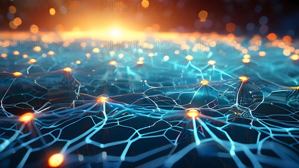 Ai generated conceptual illustration of a neuronal network with interconnected nodes pulsating in