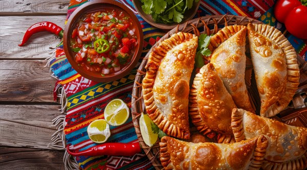 Tasty empanadas on a plate with colorful Mexican cloths as a background. National mexican food, AI