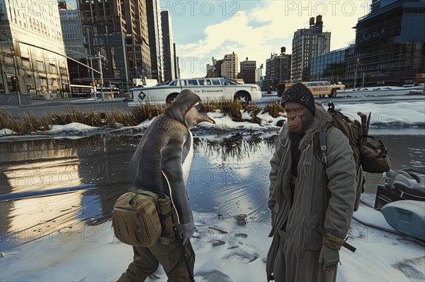 Imaginary interaction between human dressed King penguin and Monkey in a city in a wintery