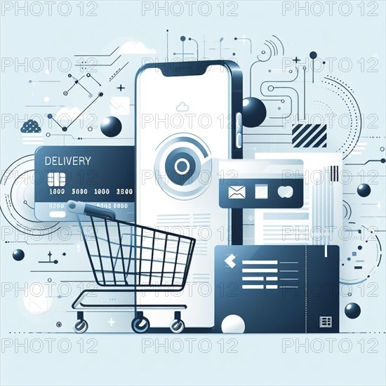 Futuristic digital illustration representing online shopping and delivery services with a