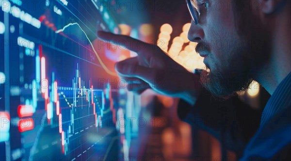 A man is pointing at a graph on a transparent screen showing market and economy trends, AI