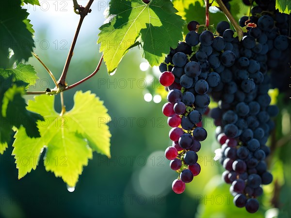 AI generated ripe grapes clinging to a vine sunlight dancing through the leaves accentuating their